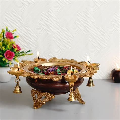 Premium Handcrafted Brass Urli with 4 Diya Wicks and Bells ...