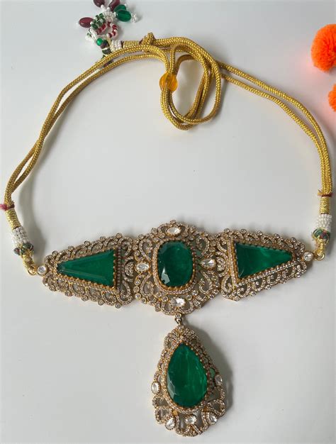 Cut Work Metal Detailing Green Stone Studded Necklace Set – Studio6 Jewels