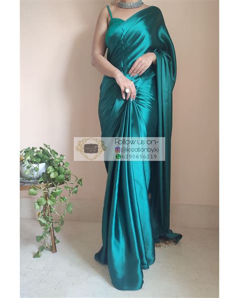 Bottle Green Satin Silk Saree With Handmade Tassels On Pallu – kreationbykj