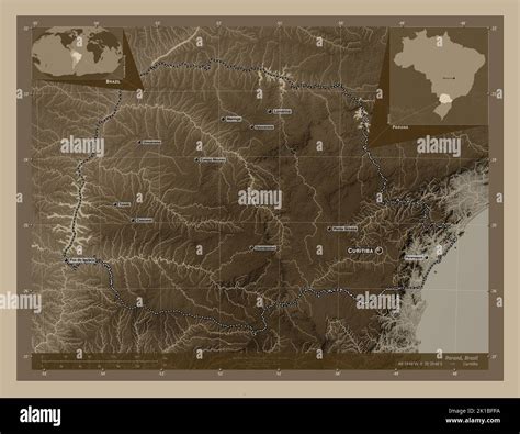 Parana, state of Brazil. Elevation map colored in sepia tones with lakes and rivers. Locations ...