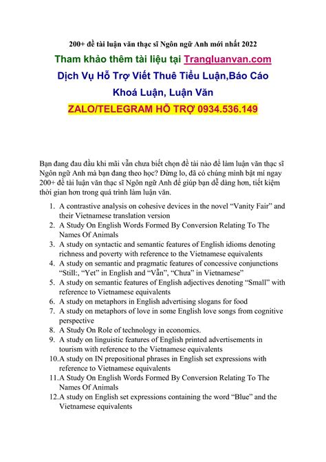 Trọn Bộ 200 Đề Tài Luận Văn Thạc Sĩ Ngôn Ngữ Anh | DOCX