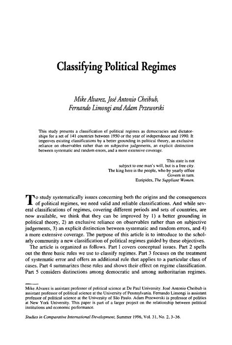 Alvarez Cheibub Limongi Przerowski Classifying Regimes - Classifying ...