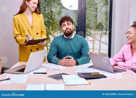 Nice Director Manager of Company Sit among Employee Behind Desk, Use Laptops Stock Photo - Image ...