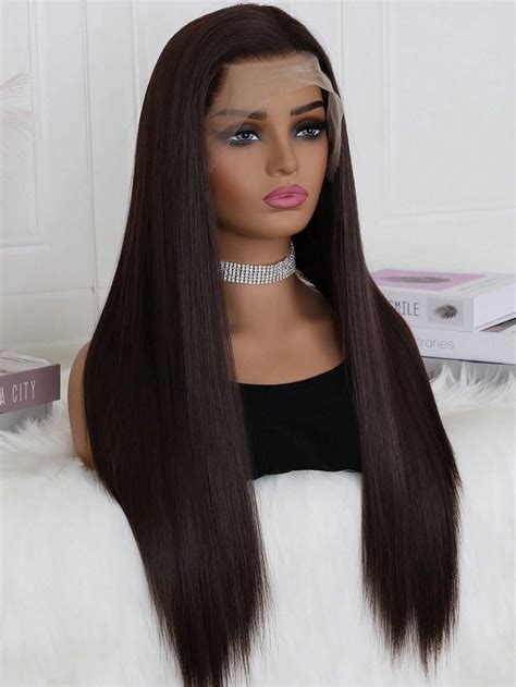 Peruca de Frente de Renda Cabelo Castanho Escuro 13x4 de Seda Reta ...