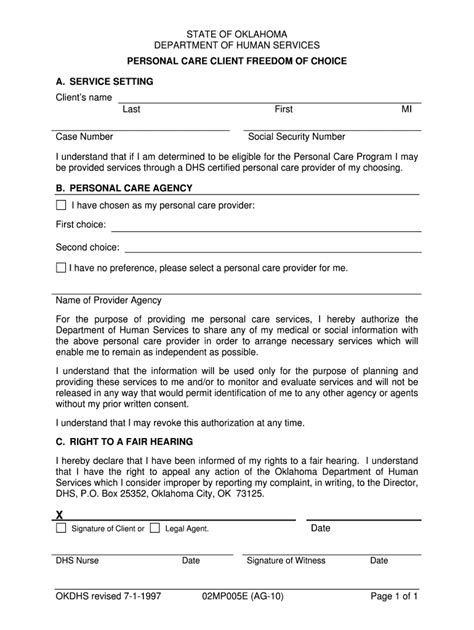 Oklahoma Personal Care Client Freedom of Choice Form - Blank Fillable ...