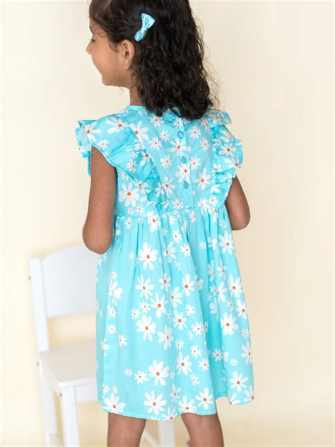 Campana Girls Janet Daisies Printed Frilly Cotton Dress - Sky Blue ...