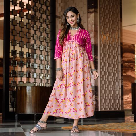 Buy Baby Pink & Hot Pink V Neck Lotus Alia Cut Dress | Rustorange