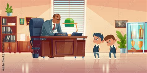 Naklejka Teacher meeting with kids in principals office. Vector cartoon ...