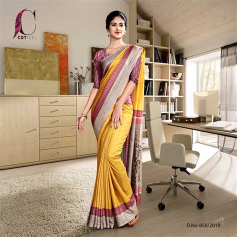 Yellow Peach Beige Plain Border Polycotton Teachers Uniform Sarees