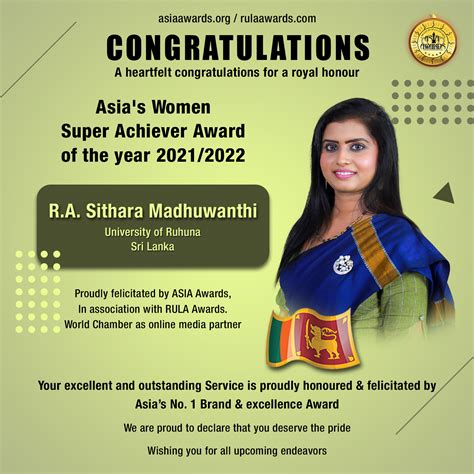 R A Sithara Madhuwanthi has bagged Asia's Women Super Achiever Award