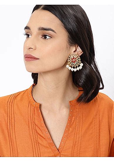 Gold-Toned & Red Circular Drop Earrings