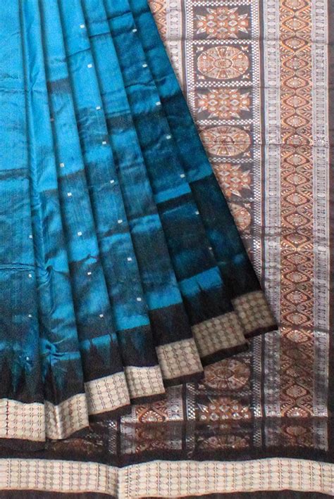 Blue color Sambalpuri Pata Saree, pallu print is flower design.