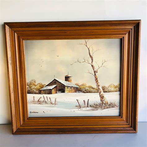 Original Signed Oil Painting Rustic Winter Country Barn Scene, Vintage Retro Framed Artwork ...