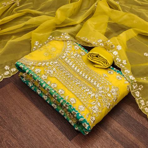 Yellow Floral Embroidered With Digital Printed Organza Dress Material