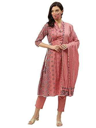 Buy Juniper Peach Cambric & Cotton Flex Printed A-Line Kurta Pant ...