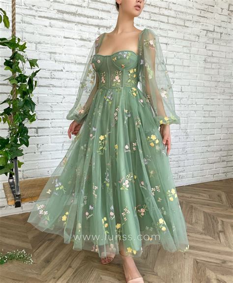 Fairytale Floral Green Tulle Long Sleeve Party Dress - Lunss