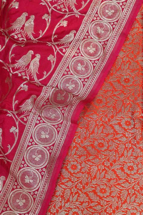 Orange Banarasi Silk Satin Zari Brocade Suit With Pink Banarasi Silk ...