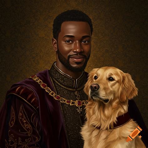 Man with Afro and golden retriever dog in royal portrait on Craiyon