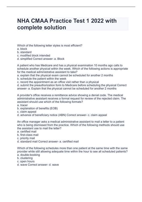NHA CMAA Practice Test 1 2022 with complete solution - CMAA - Stuvia US