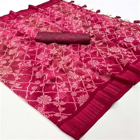 Pink Floral Foil Printed Georgette Saree With Tassels