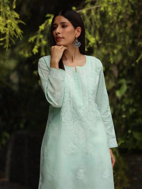 Sahiba Chikankari Pastel Green Cotton Kurta with Bakhiya work – Gharana ...