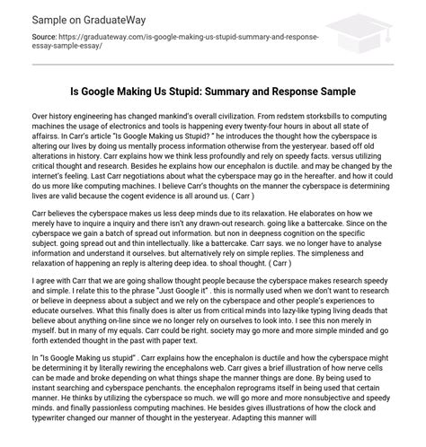 ⇉Is Google Making Us Stupid: Summary and Response Sample Essay Example ...