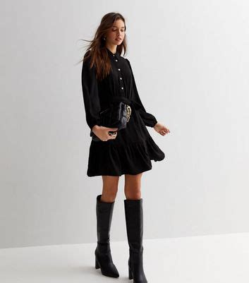 Black Long Sleeve Belted Mini Shirt Dress | New Look