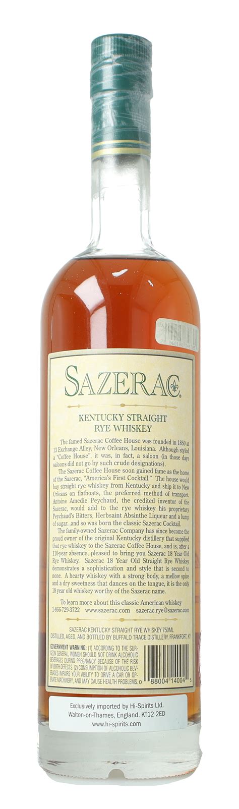 Sazerac Kentucky Straight Rye Whiskey 18 Year Old bottled spring 2016 ...