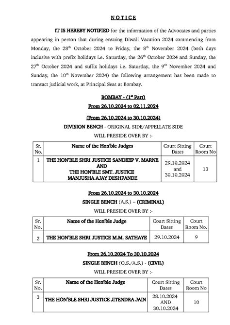 HC Diwali Vacation List 2024 - N O T I C E IT IS HEREBY NOTIFIED for ...