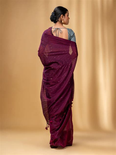 Purple Cotton Handwoven Soft Saree With Sequin Work – Charukriti