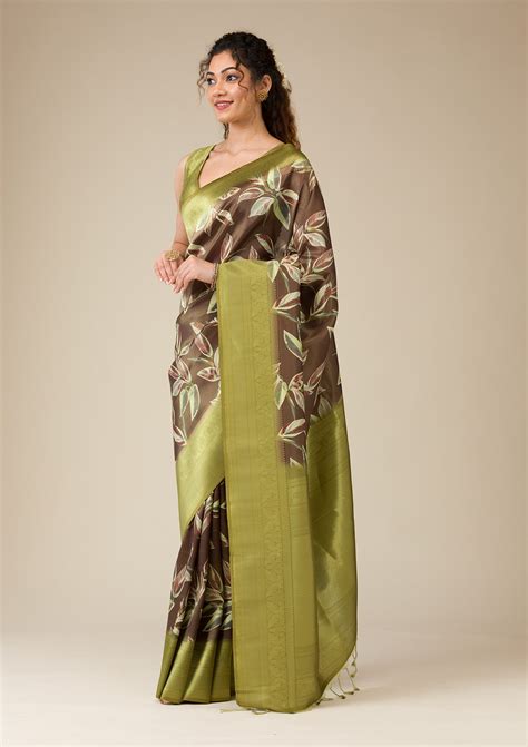 Buy Brown Printed Soft Silk Saree - Koskii