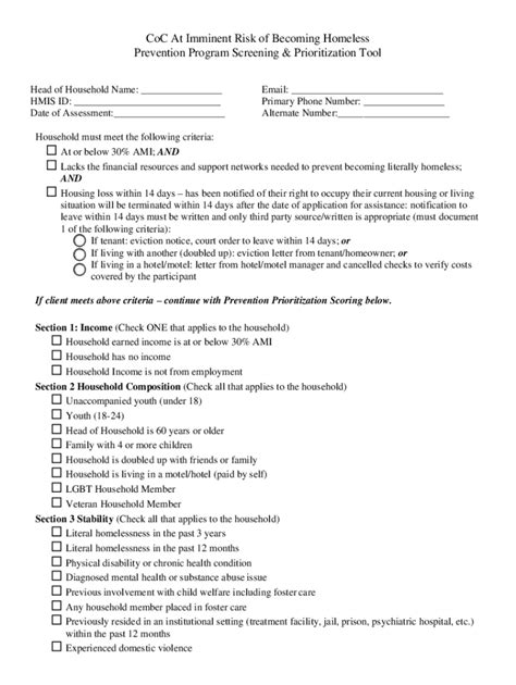 Fillable Online CoC At Imminent Risk of Becoming Homeless Prevention ...