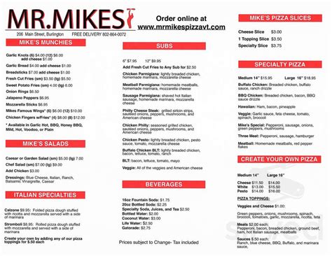 Mr. Mikes Pizza menu in Burlington, Vermont, USA