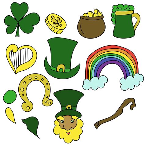 St Patrick's day attributes doodles set, green drawings with symbols of ...