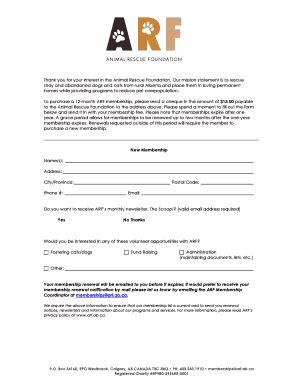 Fillable Online arf ab New Membership Form - Animal Rescue Foundation ...