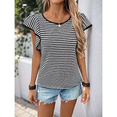 Womens Striped Knit Tops Flutter Cap Sleeve Sweater Boat Neck Color ...