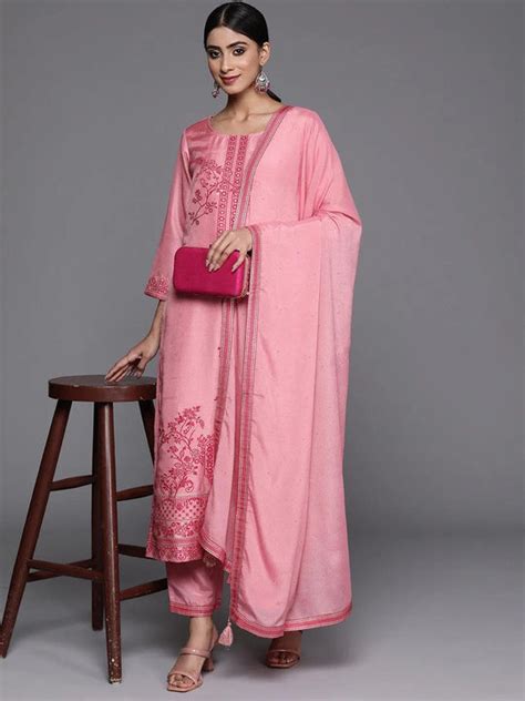 Buy Pink Woven Design Silk Blend Straight Kurta With Trousers & Dupatta ...