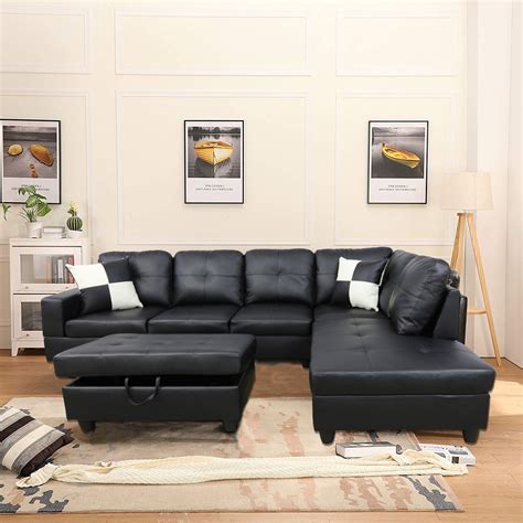 Black Faux Leather Sectional Sofa Bed With Left Facing Storage Chaise ...