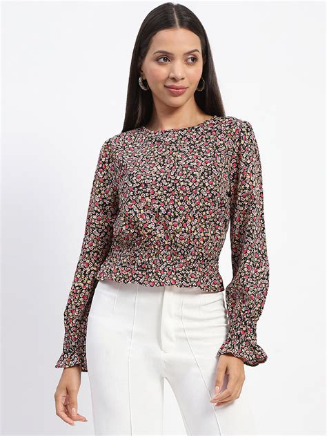 Madame Floral Print Cinch Waist Black Top