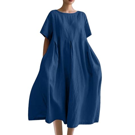 Royal Blue Women Boat Neck Faux Linen Casual Dresses for Women Short ...