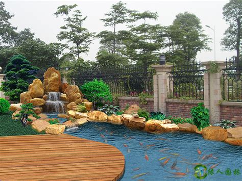 别墅庭院假山鱼池设计效果图（大全）_绿人园林景观