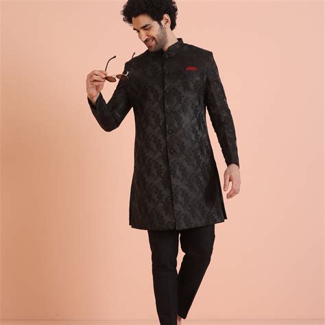 Men Black Textured Silk Blend Jacquard Indowestern Trouser Set with ...