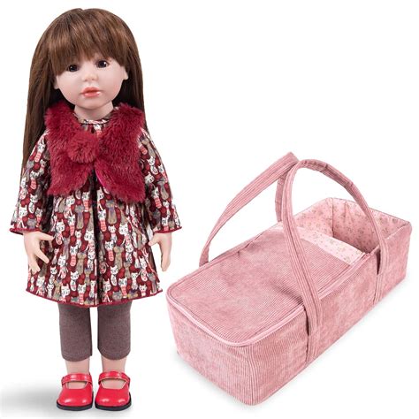 8 Piece Set 18” Rakki Girl Doll with Red Carry Crib Burgundy Cat Print ...