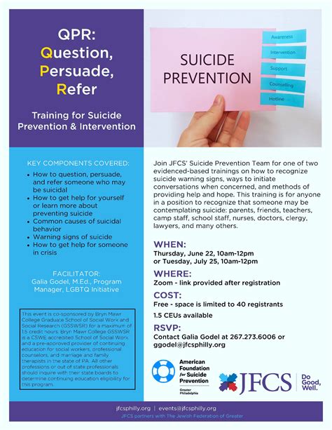 Jul 25 | JFCS - QPR: Question, Persuade, Refer (Training for Suicide Prevention & Intervention ...