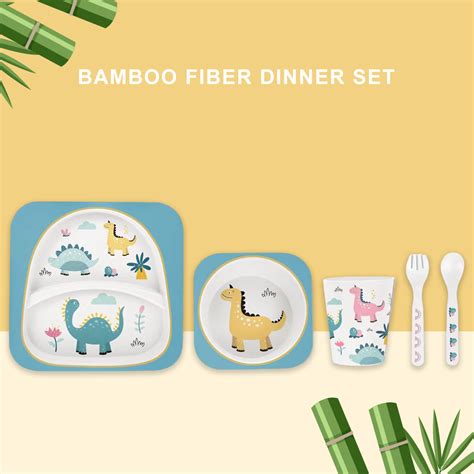 Polka Tots Eco Friendly Bamboo Fiber Kids Dinner Set (Dino) - Blue ...