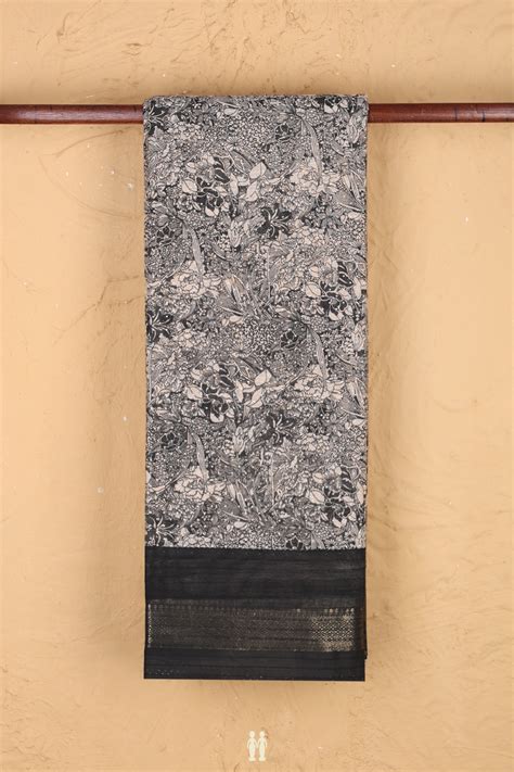 Printed Cotton Saree In Ivory And Black With Floral Design