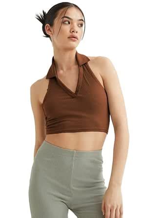 Buy SIGHTBOMB Ribbed Polo Collar Halter Spaghetti Tops For Women (Small ...