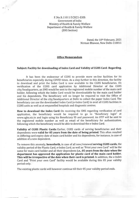 Facility for downloading of Index Card and Validity of CGHS Card ...