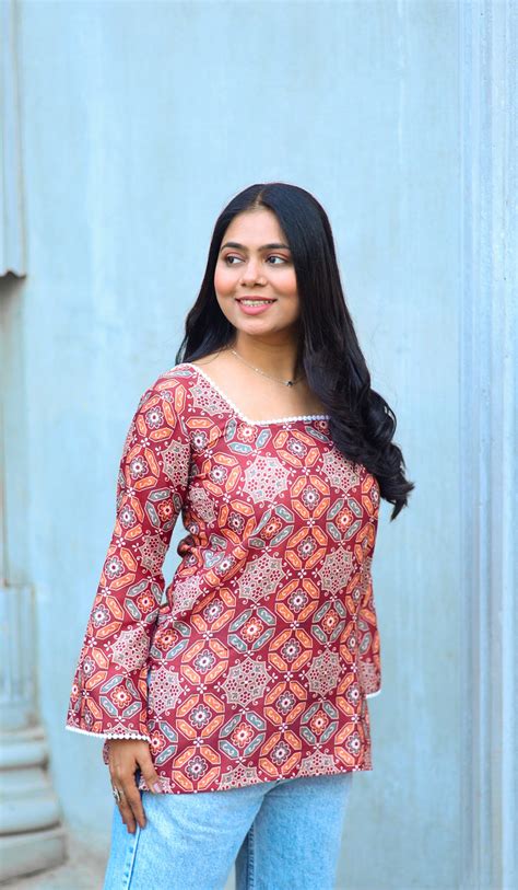 Maroon Ajarak Printed Cotton Short Kurti with Bell Sleeves – Byutify.in