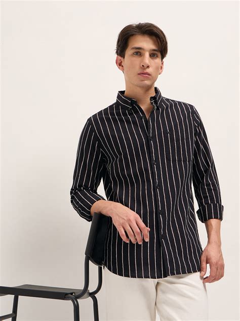 Shop Black Cotton Woven Stripes Slim Fit Casual Shirt Online ...